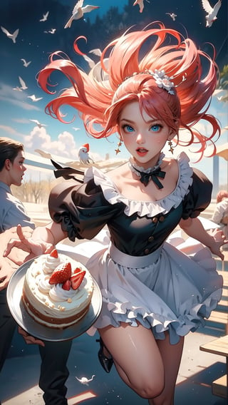 young female character who is running with a cake and looks surprised. BREAK She wears a black and white maid outfit with frills and ribbons, and her pink cheeks and big blue eyes show her shock and excitement. BREAK Her hair is blowing in the wind and the cake is adorned with strawberries and cream. BREAK The background is white and the focus is on her and the cake. Small heart-shaped icons express cuteness and joy around her. BREAK The illustration has a bright and pop atmosphere, full of movement and energy. BREAK delicate facial features, extremely detailed fine touch