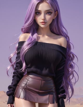 girlwith long light purple hair, highly detailed face, highly detailed eyes, long black hair, pretty face, brown eyes, black short skirt and long-sleeved black sweater, short black off shoulder sweater, big boobs, beauty mark, purple eyes, femininity, pride, beautiful posture