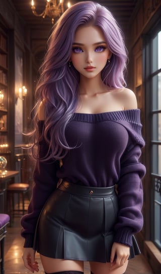 girlwith long light purple hair, highly detailed face, highly detailed eyes, long black hair, pretty face, brown eyes, black short skirt and long-sleeved black sweater, short black off shoulder sweater, big boobs, beauty mark, purple eyes, femininity, pride, beautiful posture