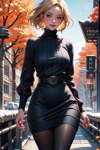 masterpiece, best quality, 1girl, shiny skin, cinematic lighting, medium breasts, looking at viewer, messy hair, blonde hair, yellow eyes, solo, autumn, outdoors, smile, blush, windy, black sweater dress, ribbed, knit, turtleneck sweater dress, black pantyhose, walking, city, shopping, dynamic angle, close-up, ultra-detailed, 8k, rtx, ambient occlusion, rim lighting, bustling