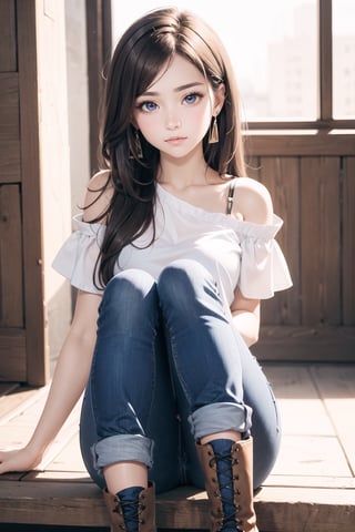 brown_hair,beautiful_hair,brown_eyes,beautiful_eyes,1_beautiful_girl,cute_face,pretty_face,beautiful_face,beautiful,best_quality,good_anatomy,one-shoulder top,Skinny jeans,brown_boots
