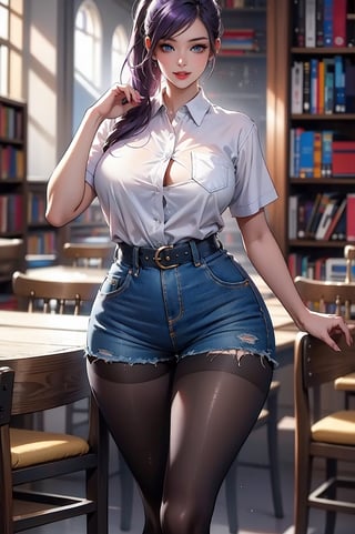 A close-up shot of a stunning young woman with vibrant purple hair styled in a ponytail and frilled hair band, her piercing blue eyes half-opened as she gazes directly at the viewer. She stands confidently inside a cozy library setting, wearing a crisp white button-down shirt with short sleeves, paired with high-waisted blue shorts and a black belt. Her curves are accentuated by brown pantyhose, showcasing her impressive figure. A warm smile plays on her lips as she poses, radiating confidence and charm.