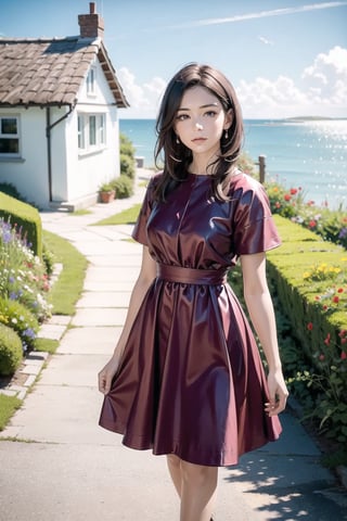 A beautiful young woman with short, flowing dark hair with red highlights, wearing a vibrant red dress, standing on a picturesque path leading to a charming coastal cottage. The scene captures the woman in a dynamic, thoughtful pose, looking towards the horizon. Her dress gently flows with the breeze, showcasing realistic fabric textures and soft lighting. The background features a quaint cottage with a red-tiled roof, surrounded by lush, green fields and blooming wildflowers. The sky is bright blue with fluffy white clouds, and the ocean is visible in the distance with sailboats dotting the horizon. The composition emphasizes realistic textures, detailed lighting, and a serene, idyllic atmosphere.