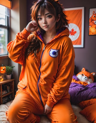 raw photo, upper body photo, a cute anime fan, (canadian, mexican:0.9), [two-toned purple, brunette hair color| messy hair cut], 21yo, sweet, (portly body, innocent:0.7), realistic skin texture, (wearing an orange anime onesie:1.1), softcore, (dimly lit, night, dark, moody atmosphere:0.9), (happy:0.5), instagram style, (girly bedroom, anime posters:1.1), highly detailed photography, (muted colors, cinematic, dim colors, soothing tones:1.2), vibrant, insanely detailed, hyperdetailed, (dark shot:1.2), (vsco:0.3), 75mm,