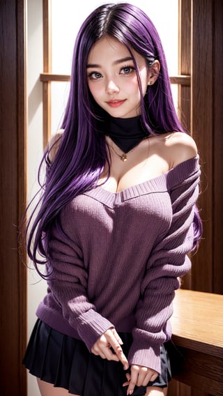 girlwith long light purple hair, highly detailed face, highly detailed eyes, long black hair, pretty face, brown eyes, black short skirt and long-sleeved black sweater, short black off shoulder sweater, big boobs, beauty mark, purple eyes, femininity, pride, beautiful posture