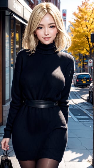 masterpiece, best quality, 1girl, shiny skin, cinematic lighting, medium breasts, looking at viewer, messy hair, blonde hair, yellow eyes, solo, autumn, outdoors, smile, blush, windy, black sweater dress, ribbed, knit, turtleneck sweater dress, black pantyhose, walking, city, shopping, dynamic angle, close-up, ultra-detailed, 8k, rtx, ambient occlusion, rim lighting, bustling