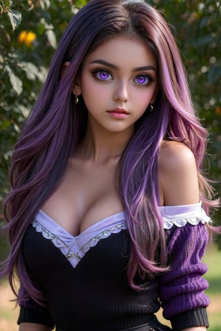 girlwith long light purple hair, highly detailed face, highly detailed eyes, long black hair, pretty face, brown eyes, black short skirt and long-sleeved black sweater, short black off shoulder sweater, big boobs, beauty mark, purple eyes, femininity, pride, beautiful posture