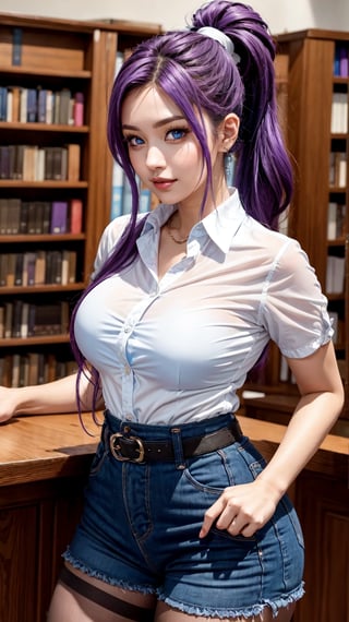 A close-up shot of a stunning young woman with vibrant purple hair styled in a ponytail and frilled hair band, her piercing blue eyes half-opened as she gazes directly at the viewer. She stands confidently inside a cozy library setting, wearing a crisp white button-down shirt with short sleeves, paired with high-waisted blue shorts and a black belt. Her curves are accentuated by brown pantyhose, showcasing her impressive figure. A warm smile plays on her lips as she poses, radiating confidence and charm.