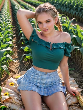  1woman, farmer, hands between knees, field, shiny skin, blush, beautiful face, green eyes, blonde hair, crownbraid, ponytail, cleavage, tan lines, dutch angle, red nail polish, sunlight, wind, flying leaves, sun flowers, corn field, lying on side, lying on haybail, ass view, looking at viewer from behind, posing, (smiling:0.6)  , expressiveH    , hud_cntry_bkin, off shoulder crop top, skirt, frills, jewelry, midriff, farm, field