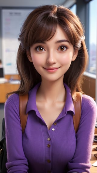 1 female, Composition from the front:1.2, (She works at her desk:1.1), (She holds her hands out), Image quality with line enhancement:1.35, Depiction of animated characters, Mature Women:1.15, (cute:1.08), smile, elegant, ((wears a purple Thick knit)), She carries a backpack, ((morning time:1.2)), ((drooping eyes:1.02)), ((large eyes:1.23)), ((lofty nose:1.23)), brown eyes, Bangs above the eyebrows, brown long hair, Big tree, in the Office of an up-and-coming venture company, Ultra high resolution, ultra high quality, 24K, delicate image quality,