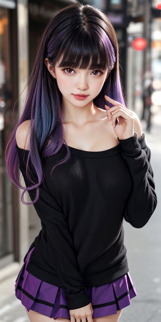 girlwith long light purple hair, highly detailed face, highly detailed eyes, long black hair, pretty face, brown eyes, black short skirt and long-sleeved black sweater, short black off shoulder sweater, big boobs, beauty mark, purple eyes, femininity, pride, beautiful posture