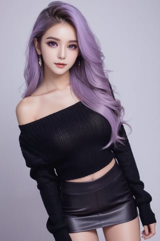 girlwith long light purple hair, highly detailed face, highly detailed eyes, long black hair, pretty face, brown eyes, black short skirt and long-sleeved black sweater, short black off shoulder sweater, big boobs, beauty mark, purple eyes, femininity, pride, beautiful posture