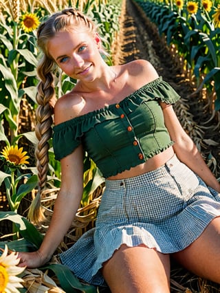  1woman, farmer, hands between knees, field, shiny skin, blush, beautiful face, green eyes, blonde hair, crownbraid, ponytail, cleavage, tan lines, dutch angle, red nail polish, sunlight, wind, flying leaves, sun flowers, corn field, lying on side, lying on haybail, ass view, looking at viewer from behind, posing, (smiling:0.6)  , expressiveH    , hud_cntry_bkin, off shoulder crop top, skirt, frills, jewelry, midriff, farm, field