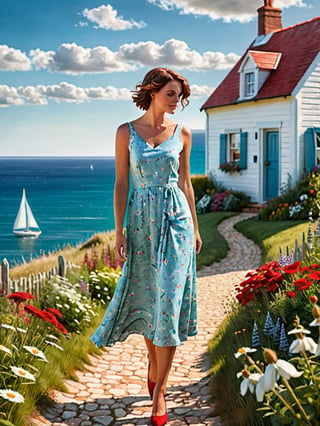 A beautiful young woman with short, flowing dark hair with red highlights, wearing a vibrant red dress, standing on a picturesque path leading to a charming coastal cottage. The scene captures the woman in a dynamic, thoughtful pose, looking towards the horizon. Her dress gently flows with the breeze, showcasing realistic fabric textures and soft lighting. The background features a quaint cottage with a red-tiled roof, surrounded by lush, green fields and blooming wildflowers. The sky is bright blue with fluffy white clouds, and the ocean is visible in the distance with sailboats dotting the horizon. The composition emphasizes realistic textures, detailed lighting, and a serene, idyllic atmosphere.