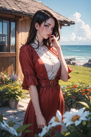 A beautiful young woman with short, flowing dark hair with red highlights, wearing a vibrant red dress, standing on a picturesque path leading to a charming coastal cottage. The scene captures the woman in a dynamic, thoughtful pose, looking towards the horizon. Her dress gently flows with the breeze, showcasing realistic fabric textures and soft lighting. The background features a quaint cottage with a red-tiled roof, surrounded by lush, green fields and blooming wildflowers. The sky is bright blue with fluffy white clouds, and the ocean is visible in the distance with sailboats dotting the horizon. The composition emphasizes realistic textures, detailed lighting, and a serene, idyllic atmosphere.