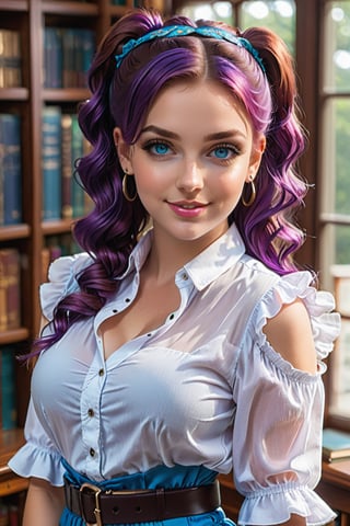 A close-up shot of a stunning young woman with vibrant purple hair styled in a ponytail and frilled hair band, her piercing blue eyes half-opened as she gazes directly at the viewer. She stands confidently inside a cozy library setting, wearing a crisp white button-down shirt with short sleeves, paired with high-waisted blue shorts and a black belt. Her curves are accentuated by brown pantyhose, showcasing her impressive figure. A warm smile plays on her lips as she poses, radiating confidence and charm.