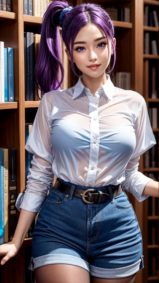 A close-up shot of a stunning young woman with vibrant purple hair styled in a ponytail and frilled hair band, her piercing blue eyes half-opened as she gazes directly at the viewer. She stands confidently inside a cozy library setting, wearing a crisp white button-down shirt with short sleeves, paired with high-waisted blue shorts and a black belt. Her curves are accentuated by brown pantyhose, showcasing her impressive figure. A warm smile plays on her lips as she poses, radiating confidence and charm.