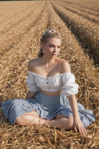  1woman, farmer, hands between knees, field, shiny skin, blush, beautiful face, green eyes, blonde hair, crownbraid, ponytail, cleavage, tan lines, dutch angle, red nail polish, sunlight, wind, flying leaves, sun flowers, corn field, lying on side, lying on haybail, ass view, looking at viewer from behind, posing, (smiling:0.6)  , expressiveH    , hud_cntry_bkin, off shoulder crop top, skirt, frills, jewelry, midriff, farm, field