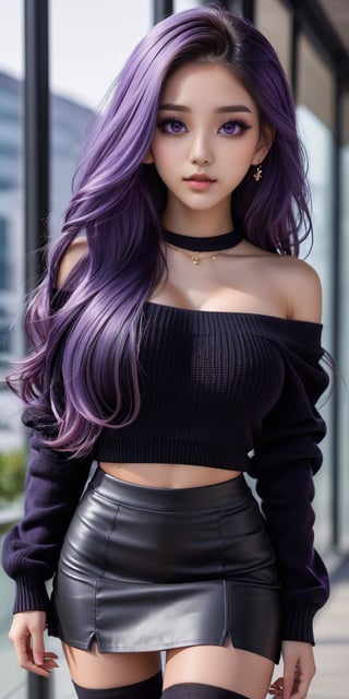 girlwith long light purple hair, highly detailed face, highly detailed eyes, long black hair, pretty face, brown eyes, black short skirt and long-sleeved black sweater, short black off shoulder sweater, big boobs, beauty mark, purple eyes, femininity, pride, beautiful posture