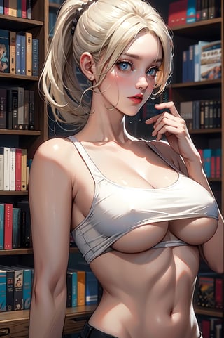 masterpiece, best quality, ultra-detailed, illustration, beautiful detailed eyes, 1girl, cute, detailed scenery, library background, platinum blonde hair, braided ponytail, red camisole, d-cup chest, , , chichibukuro, underboob, shirt
