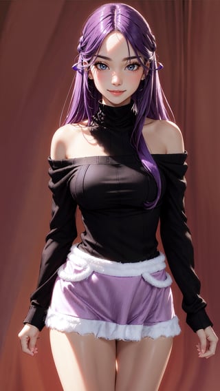 girlwith long light purple hair, highly detailed face, highly detailed eyes, long black hair, pretty face, brown eyes, black short skirt and long-sleeved black sweater, short black off shoulder sweater, big boobs, beauty mark, purple eyes, femininity, pride, beautiful posture