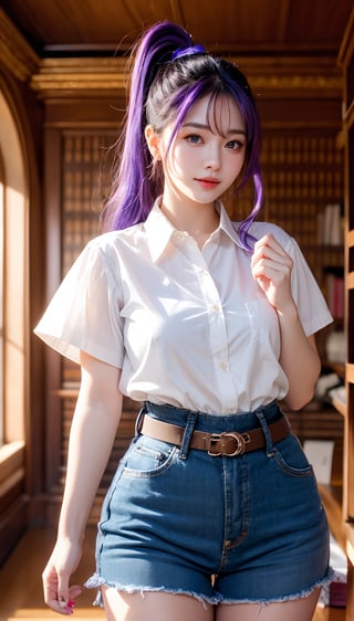 A close-up shot of a stunning young woman with vibrant purple hair styled in a ponytail and frilled hair band, her piercing blue eyes half-opened as she gazes directly at the viewer. She stands confidently inside a cozy library setting, wearing a crisp white button-down shirt with short sleeves, paired with high-waisted blue shorts and a black belt. Her curves are accentuated by brown pantyhose, showcasing her impressive figure. A warm smile plays on her lips as she poses, radiating confidence and charm.