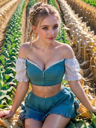  1woman, farmer, hands between knees, field, shiny skin, blush, beautiful face, green eyes, blonde hair, crownbraid, ponytail, cleavage, tan lines, dutch angle, red nail polish, sunlight, wind, flying leaves, sun flowers, corn field, lying on side, lying on haybail, ass view, looking at viewer from behind, posing, (smiling:0.6)  , expressiveH    , hud_cntry_bkin, off shoulder crop top, skirt, frills, jewelry, midriff, farm, field