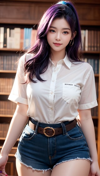 A close-up shot of a stunning young woman with vibrant purple hair styled in a ponytail and frilled hair band, her piercing blue eyes half-opened as she gazes directly at the viewer. She stands confidently inside a cozy library setting, wearing a crisp white button-down shirt with short sleeves, paired with high-waisted blue shorts and a black belt. Her curves are accentuated by brown pantyhose, showcasing her impressive figure. A warm smile plays on her lips as she poses, radiating confidence and charm.