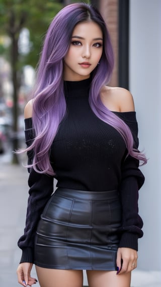 girlwith long light purple hair, highly detailed face, highly detailed eyes, long black hair, pretty face, brown eyes, black short skirt and long-sleeved black sweater, short black off shoulder sweater, big boobs, beauty mark, purple eyes, femininity, pride, beautiful posture