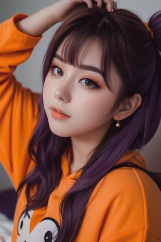 raw photo, upper body photo, a cute anime fan, (canadian, mexican:0.9), [two-toned purple, brunette hair color| messy hair cut], 21yo, sweet, (portly body, innocent:0.7), realistic skin texture, (wearing an orange anime onesie:1.1), softcore, (dimly lit, night, dark, moody atmosphere:0.9), (happy:0.5), instagram style, (girly bedroom, anime posters:1.1), highly detailed photography, (muted colors, cinematic, dim colors, soothing tones:1.2), vibrant, insanely detailed, hyperdetailed, (dark shot:1.2), (vsco:0.3), 75mm,