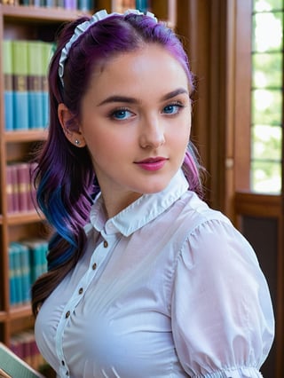 A close-up shot of a stunning young woman with vibrant purple hair styled in a ponytail and frilled hair band, her piercing blue eyes half-opened as she gazes directly at the viewer. She stands confidently inside a cozy library setting, wearing a crisp white button-down shirt with short sleeves, paired with high-waisted blue shorts and a black belt. Her curves are accentuated by brown pantyhose, showcasing her impressive figure. A warm smile plays on her lips as she poses, radiating confidence and charm.