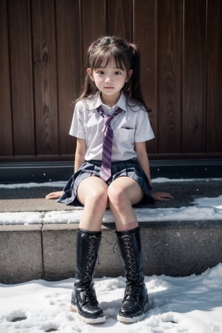 best quality, photo realistic, master piece, 1girl, female lowteen, look down, school uniform, smug, step on viewer, blush, , white pantie, legs, Wearing lace-up snow boots, full body,
(((little girl’s body))),(((petite body))),