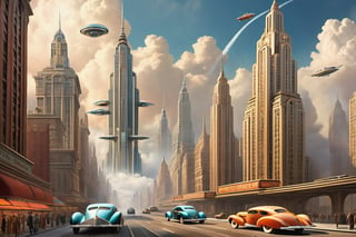 Transport yourself to a retro-futuristic 1930s metropolis where towering skyscrapers pierce the clouds, sleek hover cars zip through the air in a distance, and robotic helpers hum with efficiency. Create an photorealistic image capturing the essence of this era, where vintage aesthetics blend seamlessly with advanced technology. Show us a glimpse into this captivating world and let your imagination soar