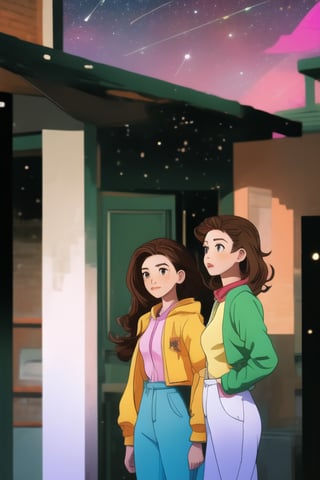 Three girls, teenagers, left green clothes, center dressed in pink, right dressed in blue, their shirts have a star, wavy brown hair, brown eyes, looking out over a balcony at a starry sky, a handsome young man stands behind them.