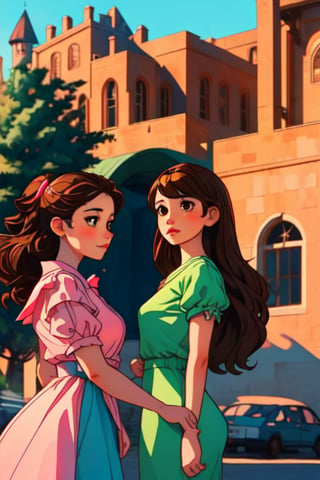 Triplets, teenagers, left green clothes, center dressed in pink, right dressed in blue, their shirts have a star, wavy brown hair, brown eyes, harem dress, in castle, ,Shadman,perfect