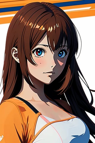  1girl, long hair, brown hair, long sleeves, dress, heterochrome eyes, swimsuit pull,source_anime,Flat vector art,Eve3D,Eyes,Detail,portrait