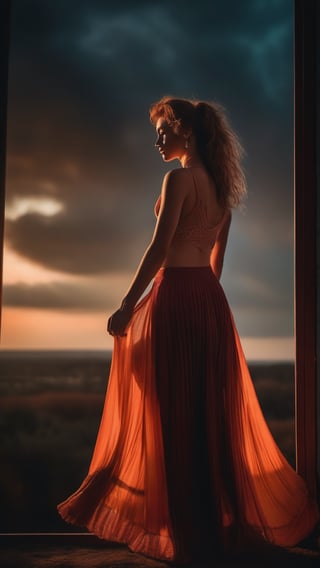 Girl's arms stretched back, body leaning forward, as if defying gravity. The camera captures her ethereal form in a two-piece crochet outfit with pleated skirt, messy bun hair, and low-cut top. Stockings and maroon-cream-orange hues evoke a sense of fantasy. Soft smoke silhouettes her against the misty background, where shadows play like a cinematic masterpiece. Glossy hair shines like a beacon, amidst earthy tones and vivid colors. The atmosphere is moody and mysterious, as if bathed in film light. Every detail is hyper-realistic, with high-contrast lighting that draws the viewer's eye. This 8K HDR image by Koos Roos on 500px is a true masterpiece.