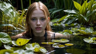 (very detailed close-up photography), cinematic colors, texture, film grain, (a sexy young woman: 1.2), swimming, (blonde: 0.7), blue eyes, face emerging from water, naughty look, naked. embraced by (some aquatic plants: 1.4), in an alien brackish liquid lake, intricate extraterrestrial environment, dark vibes, vibrant and hyper-detailed colors, epic composition, official art, Unity 8k wallpaper, ultra detailed, beautiful and Aesthetics, masterpiece , The best quality.