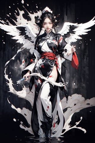 8k, (absurdres, highres, ultra detailed), (1 man:1.3), EpicArt,Chinese ink paint, ((colorful water inkSpot)) ,black and white,Chinese style, burgundy-blue theme, full body,chinese_clothes,ink splash,Splattered black ink,flawless,clean,Behind an angel are huge angel wings, Meticulous brush,Freehand splash ink,xuer Ancient style ink,dark background,