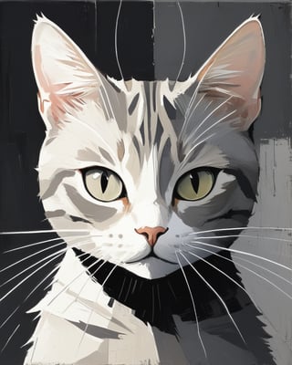 Create a modern abstract piece depicting an dark grey tabby cat, with a background composed of dynamic, overlapping lines.,robot