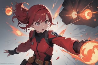 4k,1 girl, detailed face, Super Hero colored light red, age 18, ability fire element, upper body, action pose, belt, concept art, 