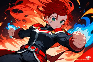 4k,1 girl, detailed face, Super Hero colored light red, age 18, ability fire element, upper body, action pose, belt, concept art, 