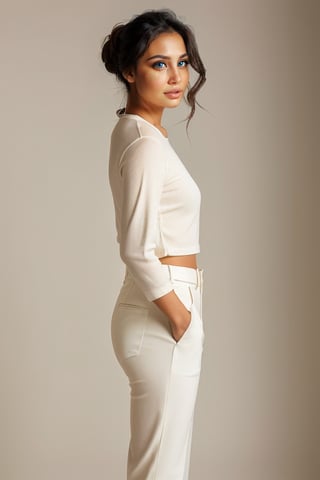 A full-frame, 3/4 length portrait of a young Asian woman, 20 years old. with a serene expression and a tousled updo. The soft, warm lighting should highlight her hair and illuminate her bronzed skin. (((Her eyes are brown))). She wears a neutral-colored, fitted long-sleeve top with a scooped neckline, and high-waisted creamy white trousers. Her posture is relaxed with her hands gently resting in front of her. The background should be soft and blurred to keep the focus on her elegant and natural pose. Side view, tight troussers 