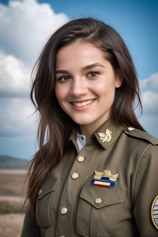 A stunning young military woman with long black hair and bright smile (((gazes off-camera to her left))), her features illuminated by soft, warm light. Her slender figure is clad in simple military uniform that drapes elegantly across her toned physique. Framed against a serene, cloudy blue sky, the subject's profile is set against a subtle gradient of gentle hills, conveying a sense of tranquility. (((photorealism:1.4))), (((highly detailed brown eyes:1.4))), 