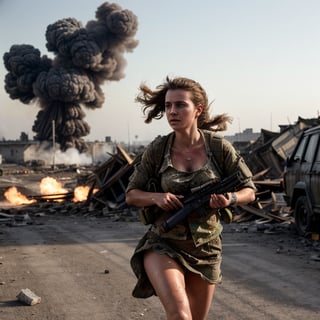 (high detailed skin: 1.2), detailed eyes, 8K, UHD, DSLR, soft lighting, high quality, film grain, FUJI, demolished buildings, torn and tattered dress, sweaty, completely ripped unbuttoned short, her breasts almost completely visible, not looking in camera, German soldiers approaching behind her

Second World War Russian Army female running for her life after a heavy explosion behind her, and buildings collapsing around her, (((she is carrying her rifle))), some minor cuts on her body