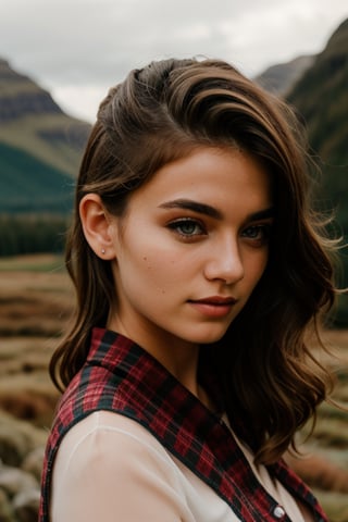 A ravishing brunette Scottish, 20 years old, lass posing in a lush, idyllic outdoor setting, tartan shirt draped elegantly across her curves. Golden softbox lighting wraps around her, accentuating natural skin tone and messy beehive hairstyle. Her piercing green gaze, framed by the photographer's lens, captivates the viewer. Scotland's Highlands scenic backdrop adds to the image's cinematic charm.