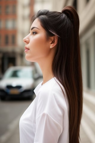 attractive young woman, looking to her left, (((frontal view))), away from the camera,1girl