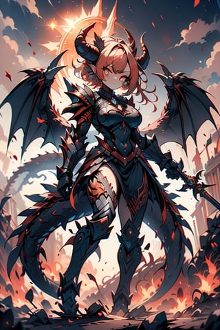 dragon wings, scaly skin, bright blonde hair, arrogant, serious, powerful, mother of the Yuumil, goddess of order, strongest dragon goddess, proud, goat horns, red horns, dragon hands, dragon legs, covered body by scales, armor, short hair, big wings, dragonborn, goddess of order and battles, masterpiece, detailed, high quality, absurd, very high resolution, good quality image, high definition, serious face, annoying, warrior, Order ,good quality eyes, high resolution eyes, defined eyes, sharp eyes, orange eyes, armor that covers everything,face with good resolution,breast armor,orange armor,hair up with braids,dragon tail,over the sun, sword of order with a orange glow, radiant figure,magma armor,1 dragon tail only one,perfect face,dragon woman, warrior,goddess of war, beautiful, immaculate face.


