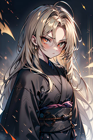 Blonde, long hair, golden eyes, asshole, man, strong, friendly, antisocial, long black kimono, silly, warrior, perfect face, good quality, excellent quality, masterpiece,
