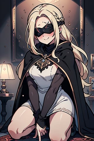 masterpiece, detailed, high quality, absurd, blindfirekeeper, 1girl, alone, blush, medium breasts, curvy, transparent white dress, black cape, black robe like a clairvoyant, guardian of the future, friendly smile, blonde, long hair, living room astrology, kneeling, black blindfold covers her eyes.


,blindfirekeeper